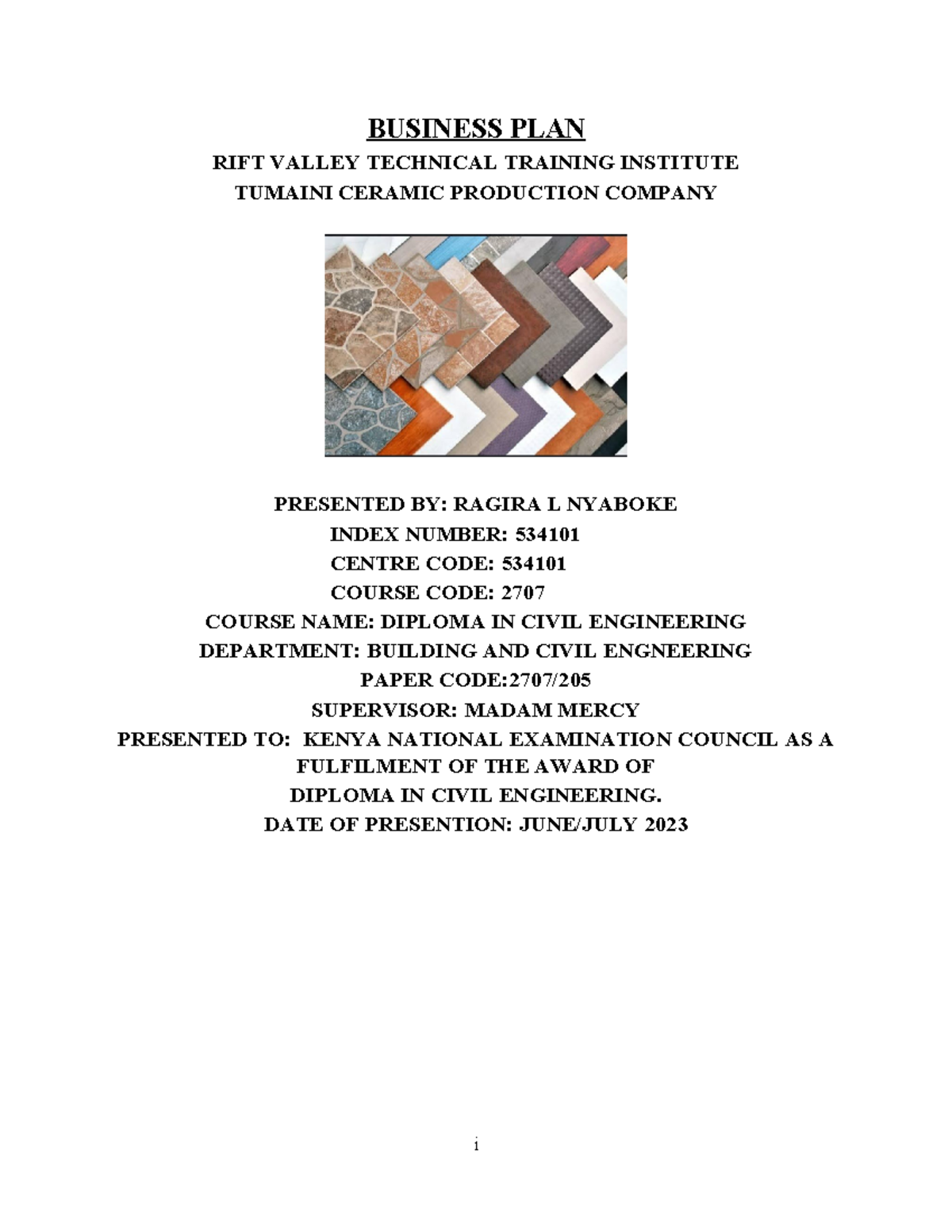 Tumaini Ceramic Production Final COPYl - BUSINESS PLAN RIFT VALLEY ...