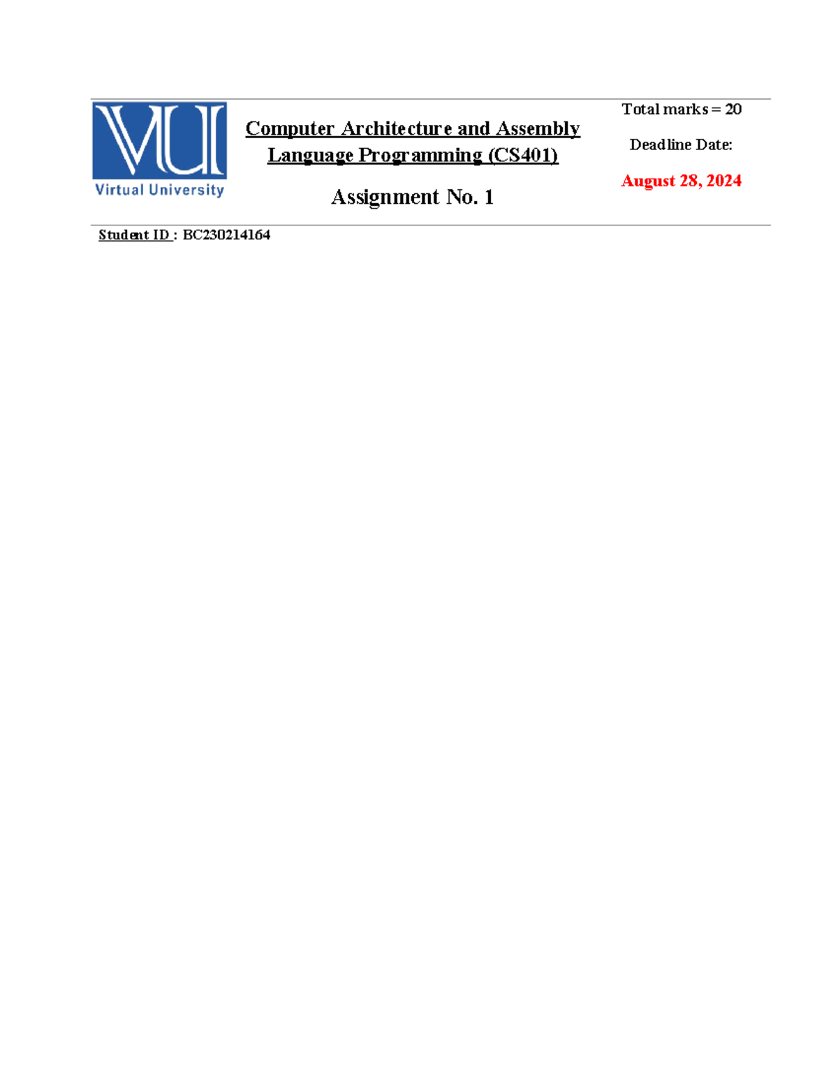 Summer 2024 CS401 Assignment 1: Assembly Language Program Tasks - Studocu