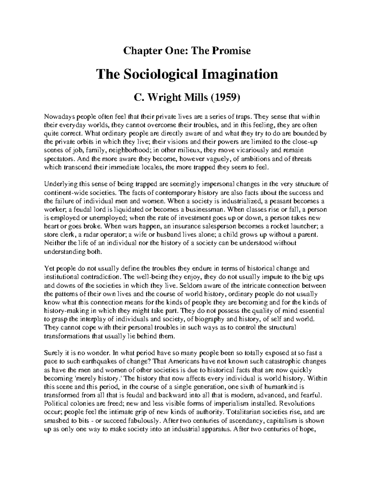 The Promise (The Sociological Imagination) - Wright Mills (1959 ...