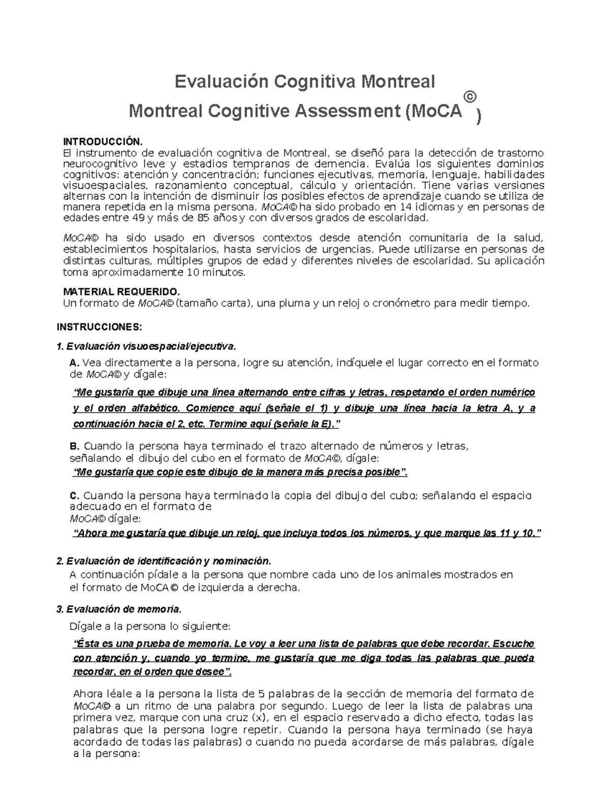 Test de Evaluación Cognitiva Montreal (MoCA) - Manual Completo - Studocu