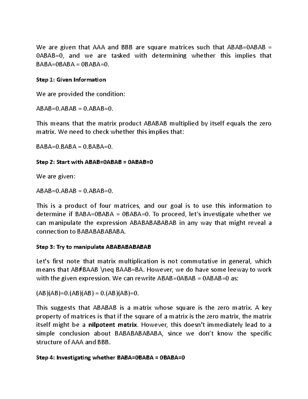 Matrix Analysis: Nilpotent Properties of ABABAB and BABABABABABA - Studocu