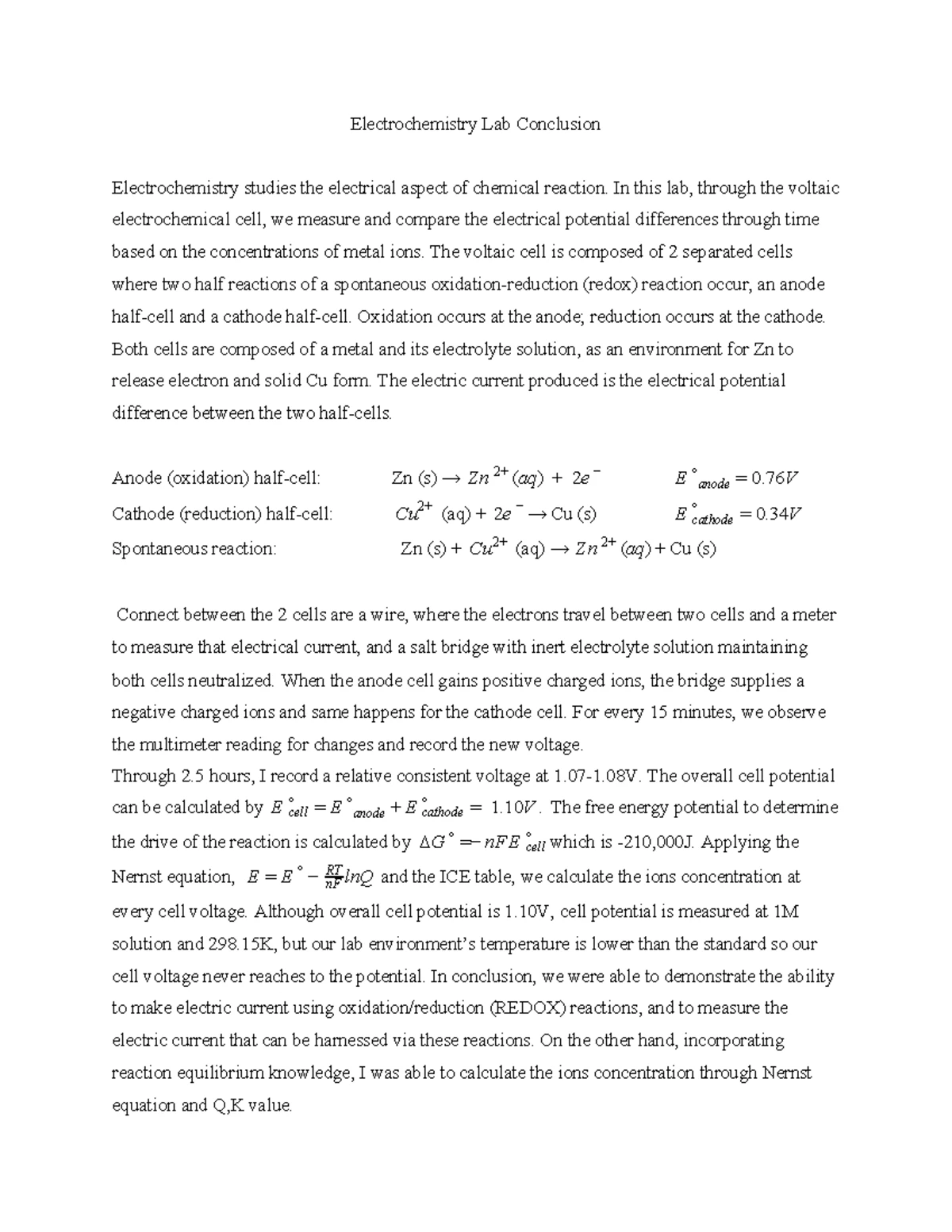 Lab Report Ex 10 Redox Reactions & Electrochemical cells - General ...