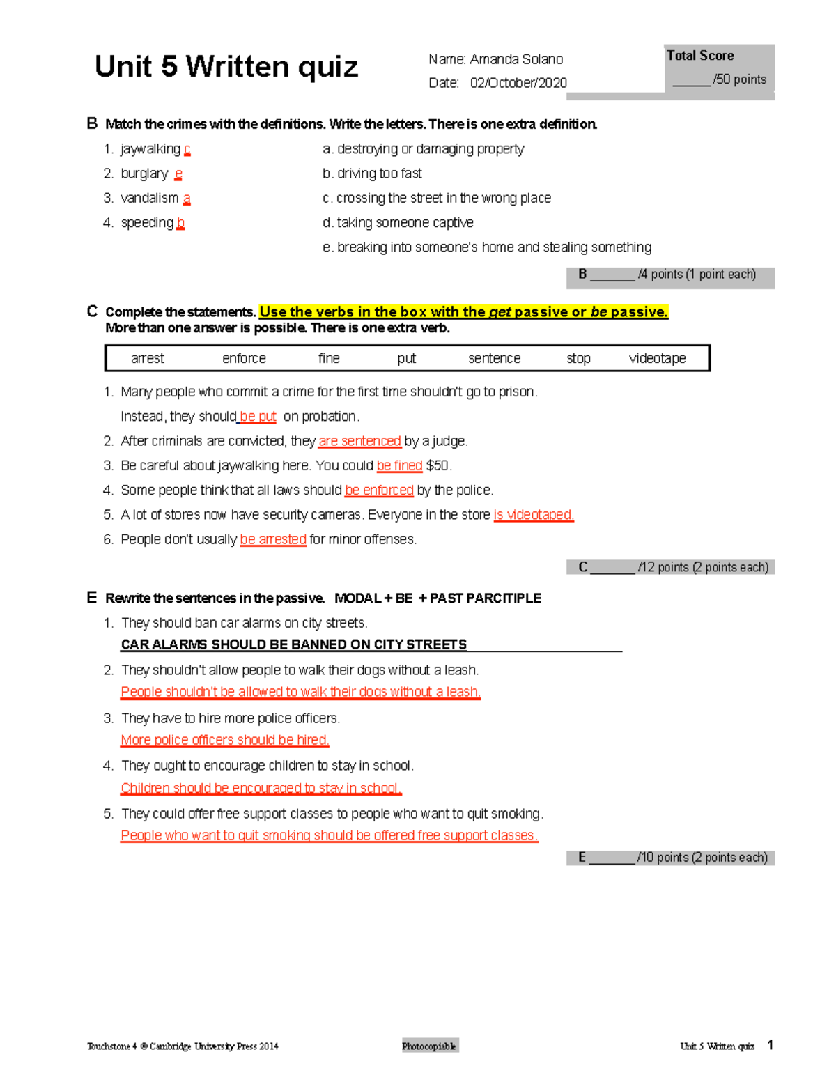 Touchstone 4: Unit 5 Written Quiz - English Test Materials - Studocu