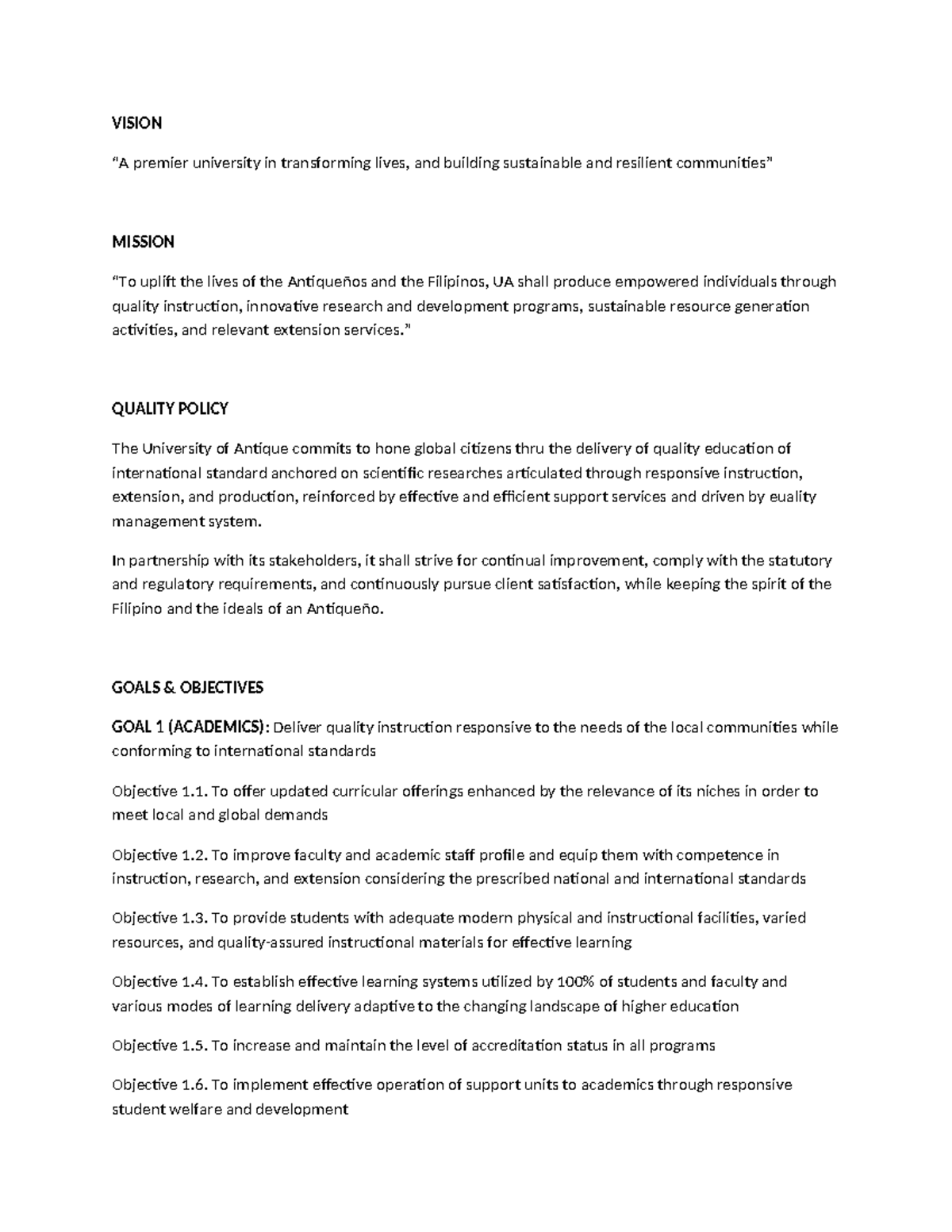 University of Antique: Vision, Mission, and Quality Policy Overview ...