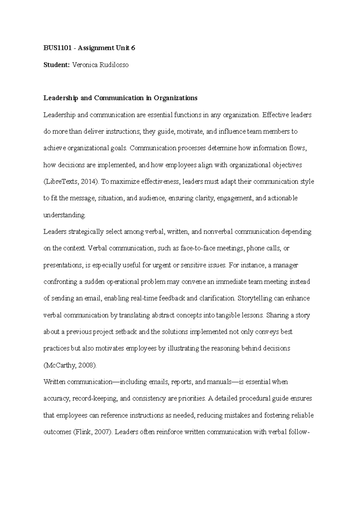 BUS1101 - Unit 6 Assignment: Leadership & Communication in ...