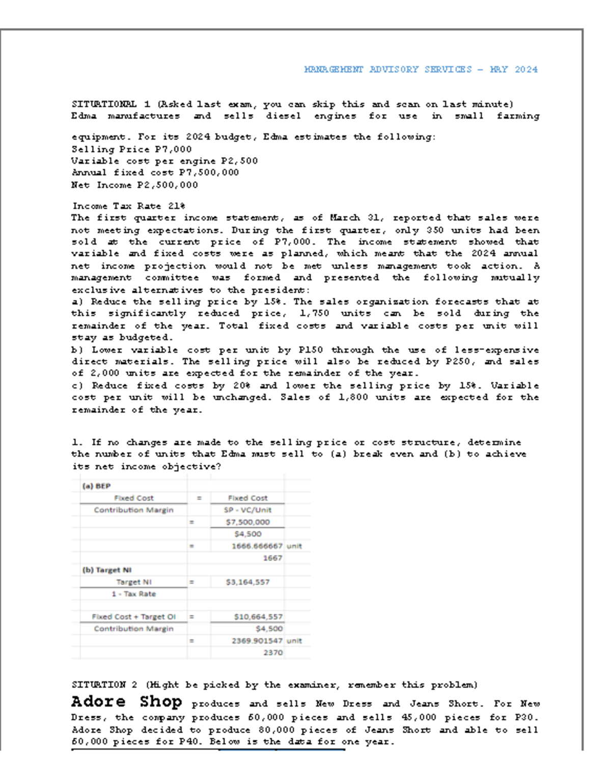 MANAGEMENT ADVISORY SERVICES MAY 2024 FINAL EXAM REVIEW NOTES - Document Preview