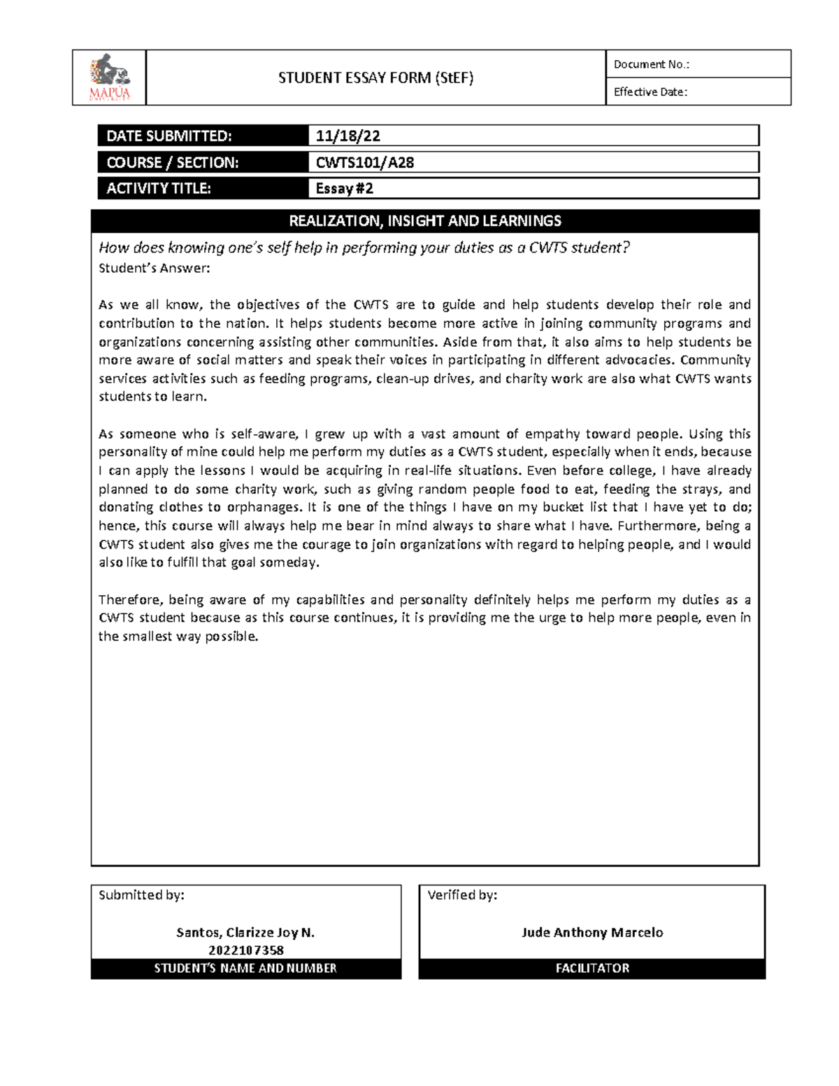 Form - CWTS101 Essay #2 - none - STUDENT ESSAY FORM (StEF) Document No ...