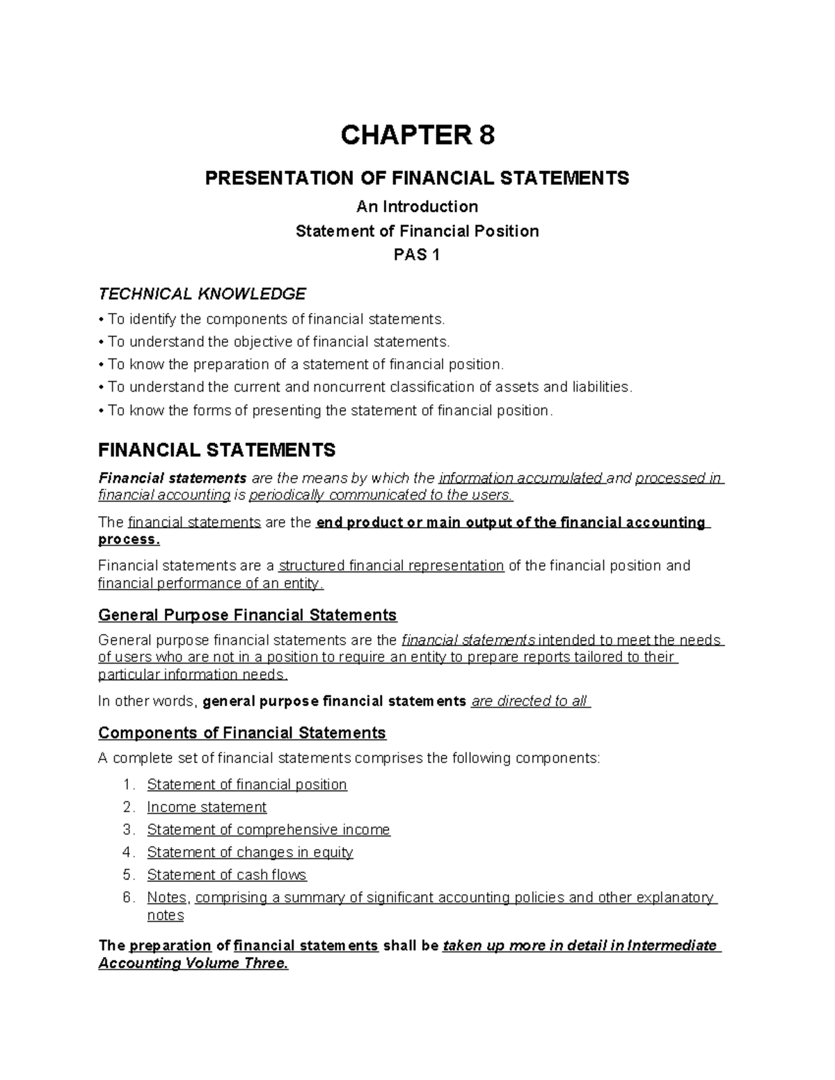 CHAPTER 8: PRESENTATION OF FINANCIAL STATEMENTS (PAS 1) - Studocu