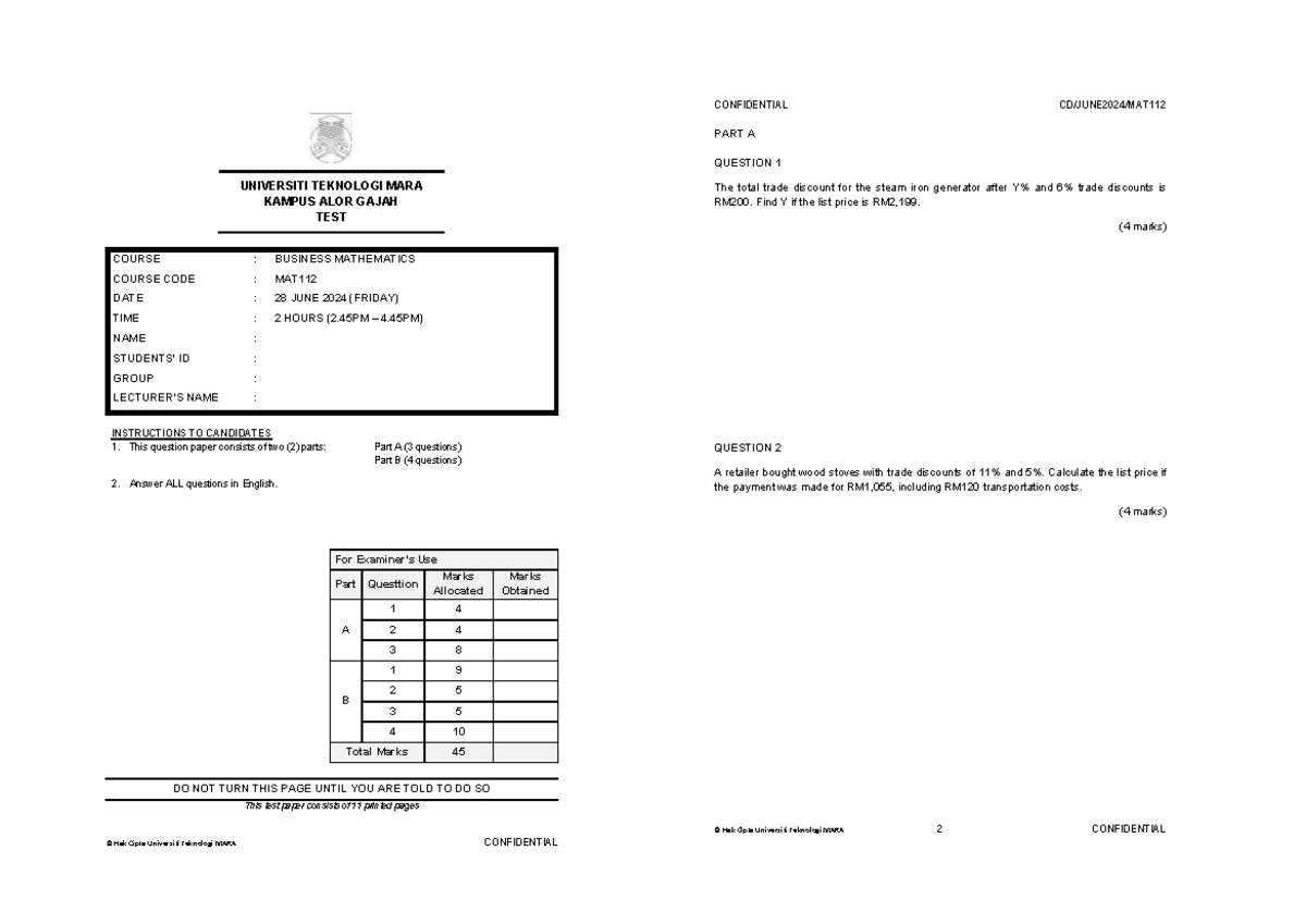 Test MAT112: Business Mathematics Questions - June 2024 - Studocu
