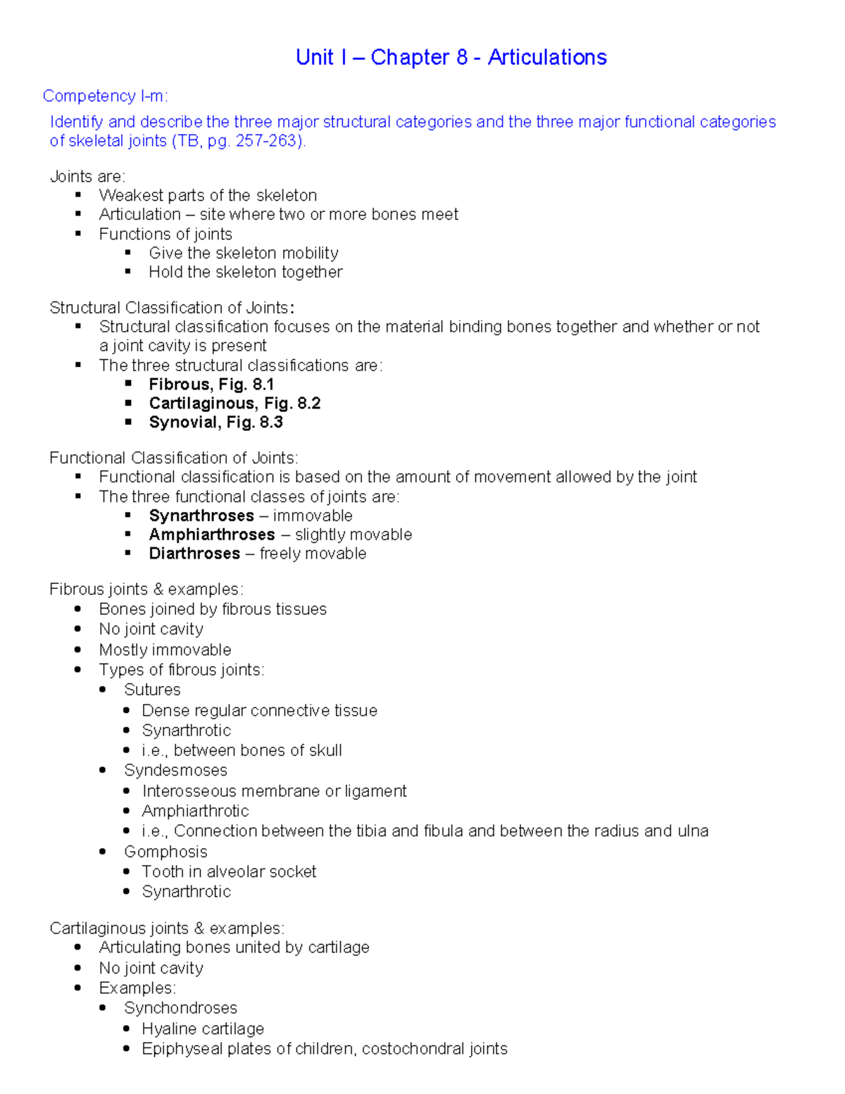 Unit I - Chapter 8: Structural & Functional Categories of Joints - Studocu