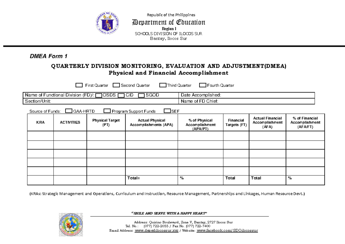 DMEA Form 1-4: Physical & Financial Accomplishments Overview - Studocu