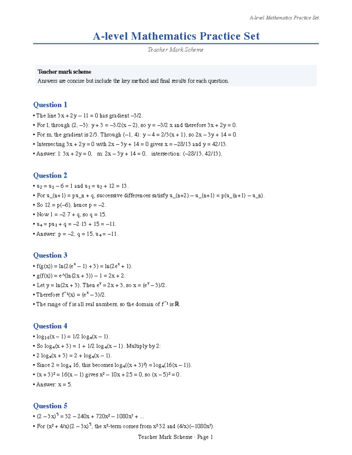 A Level Maths Practice Set Mark Scheme - Studocu