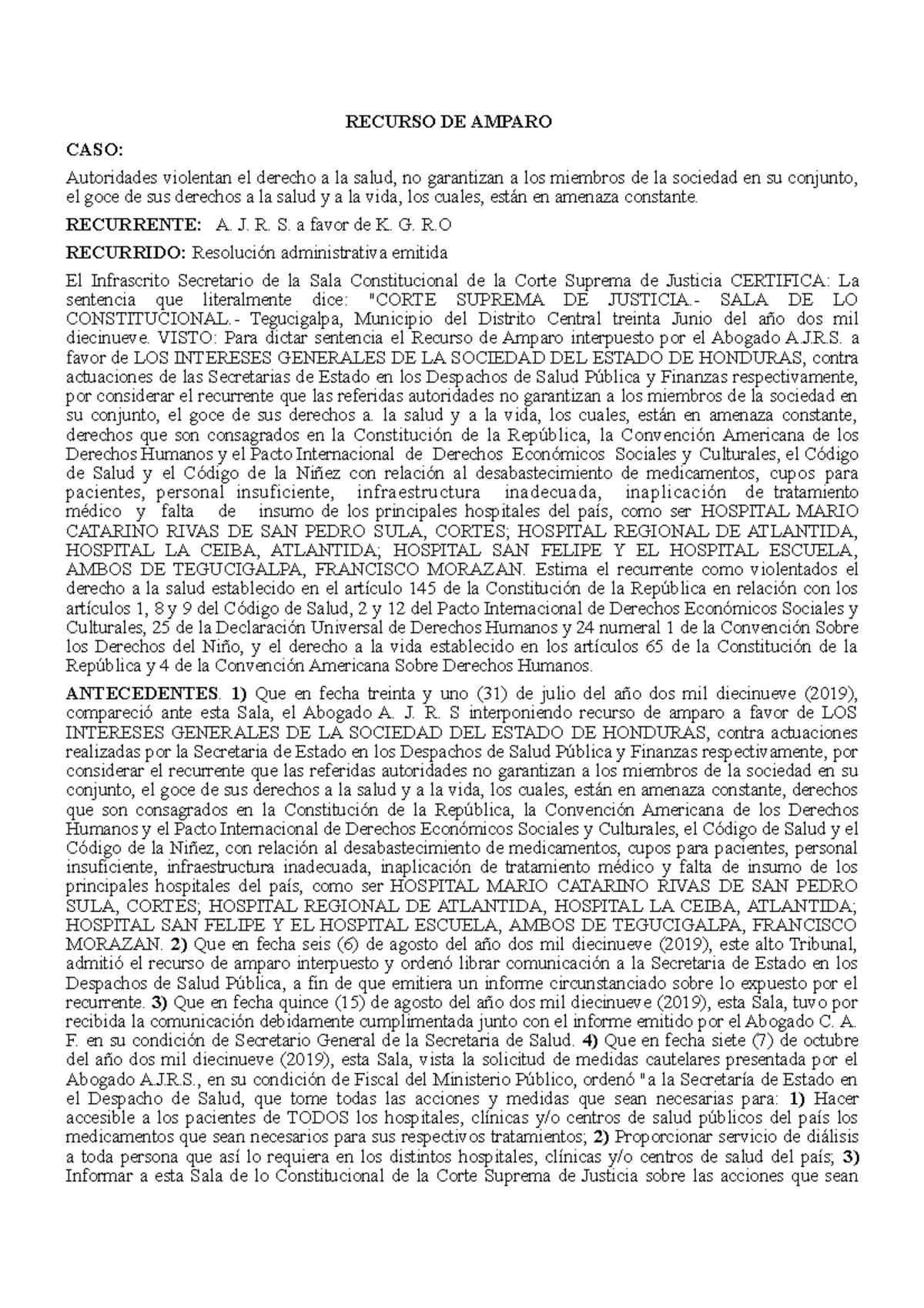 Recurso de Amparo por Violaciones al Derecho a la Salud en Honduras ...
