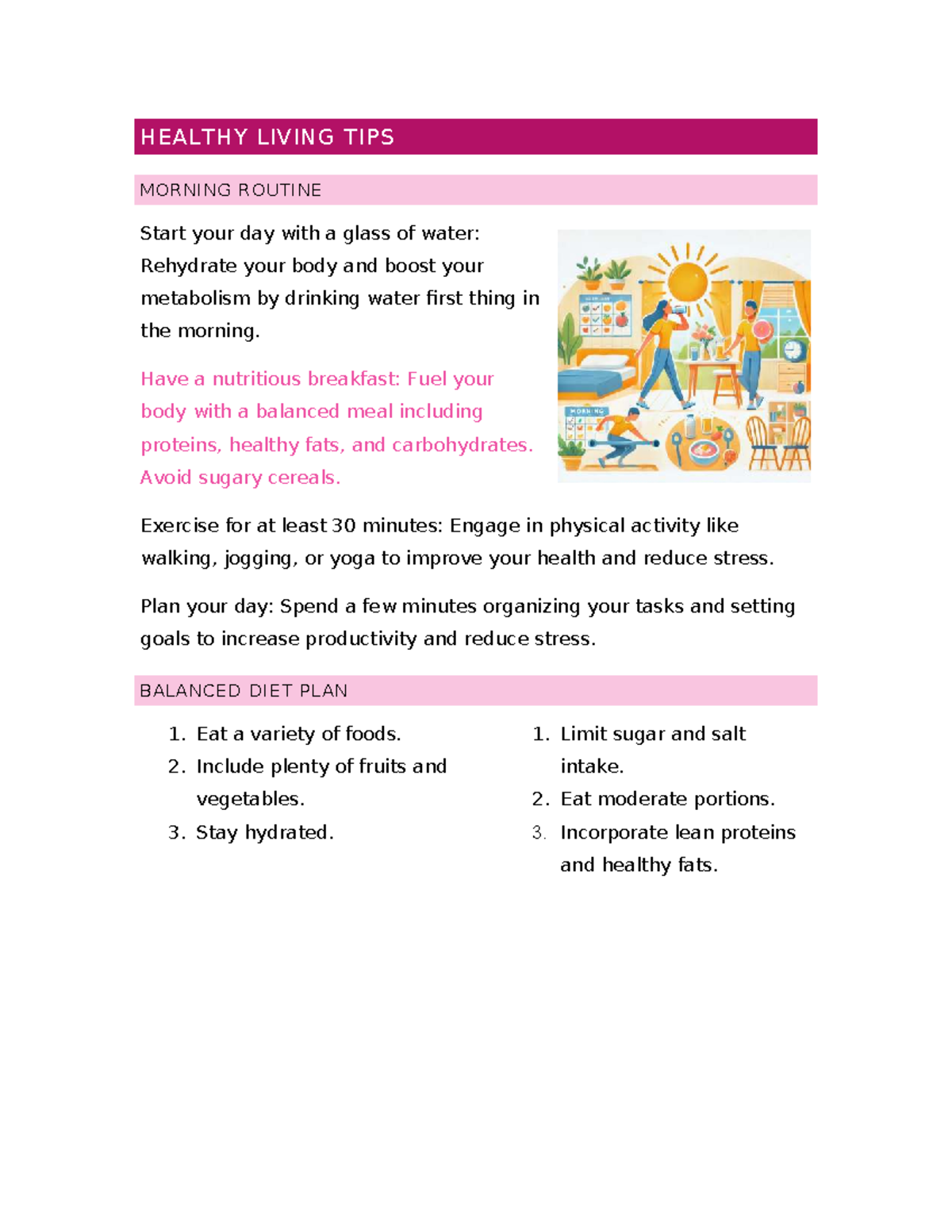 HEALTHY LIVING TIPS: Morning Routine & Balanced Diet Plan - Studocu