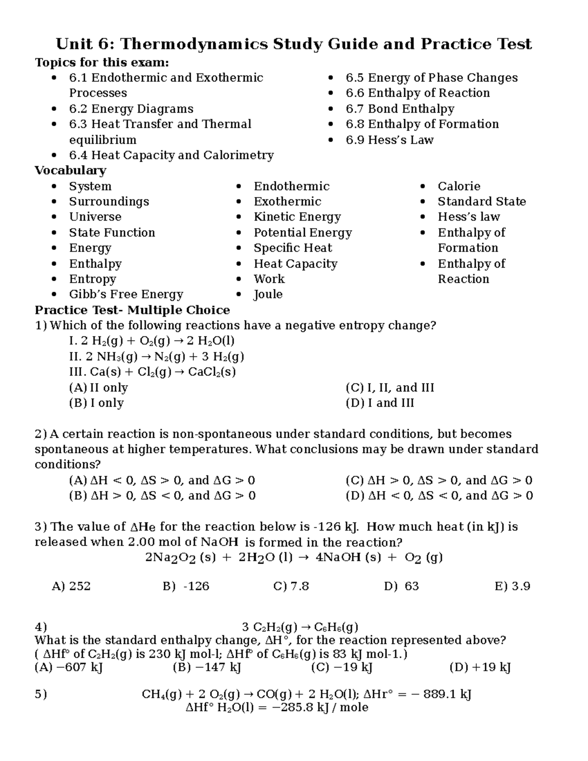 U6.Thermodynamics Study Guide & Practice Test (SG & PT) - Studocu