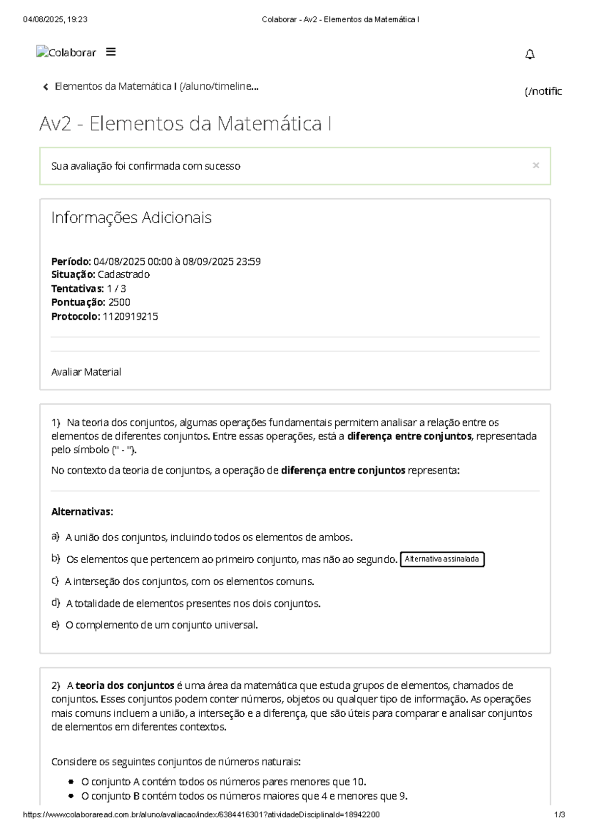 Av2 - Elementos da Matemática I: Teoria dos Conjuntos e Funções - Studocu