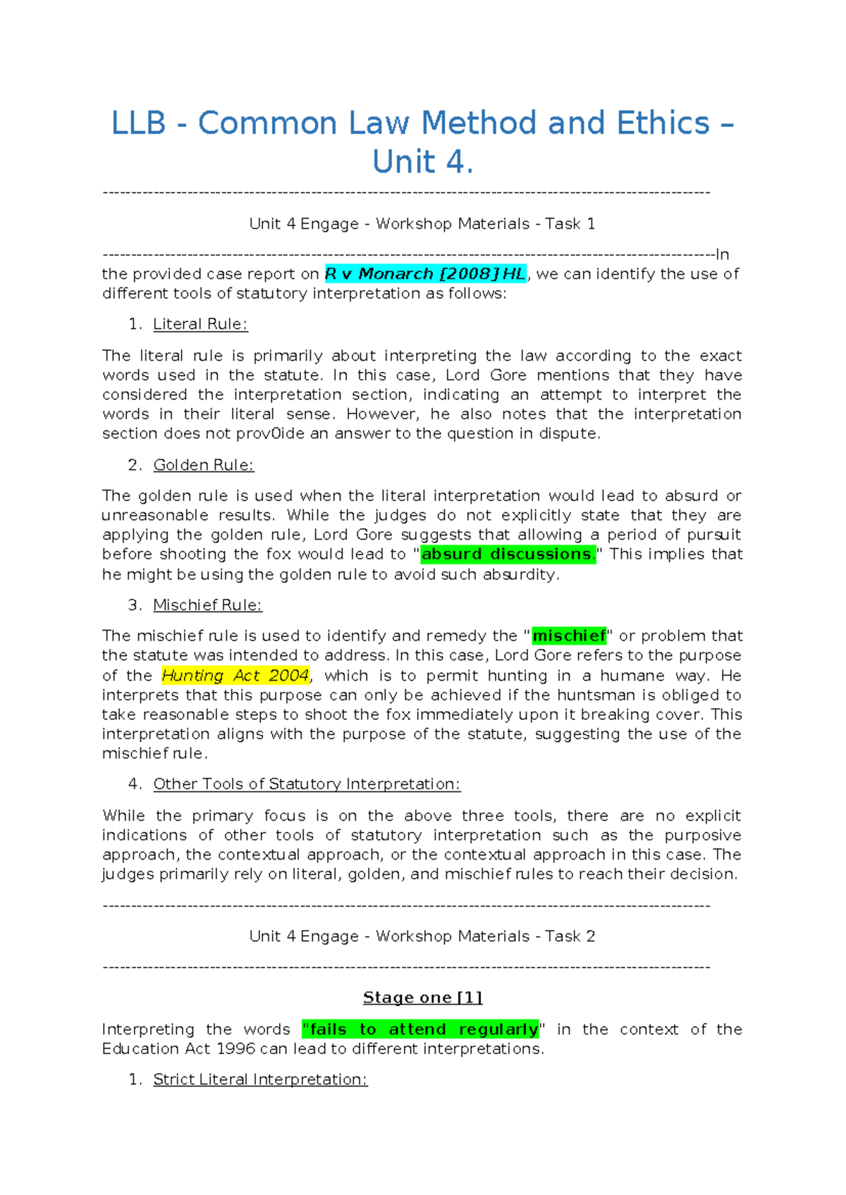 LLB Common Law Method & Ethics - Unit 4 Workshop Tasks - Studocu