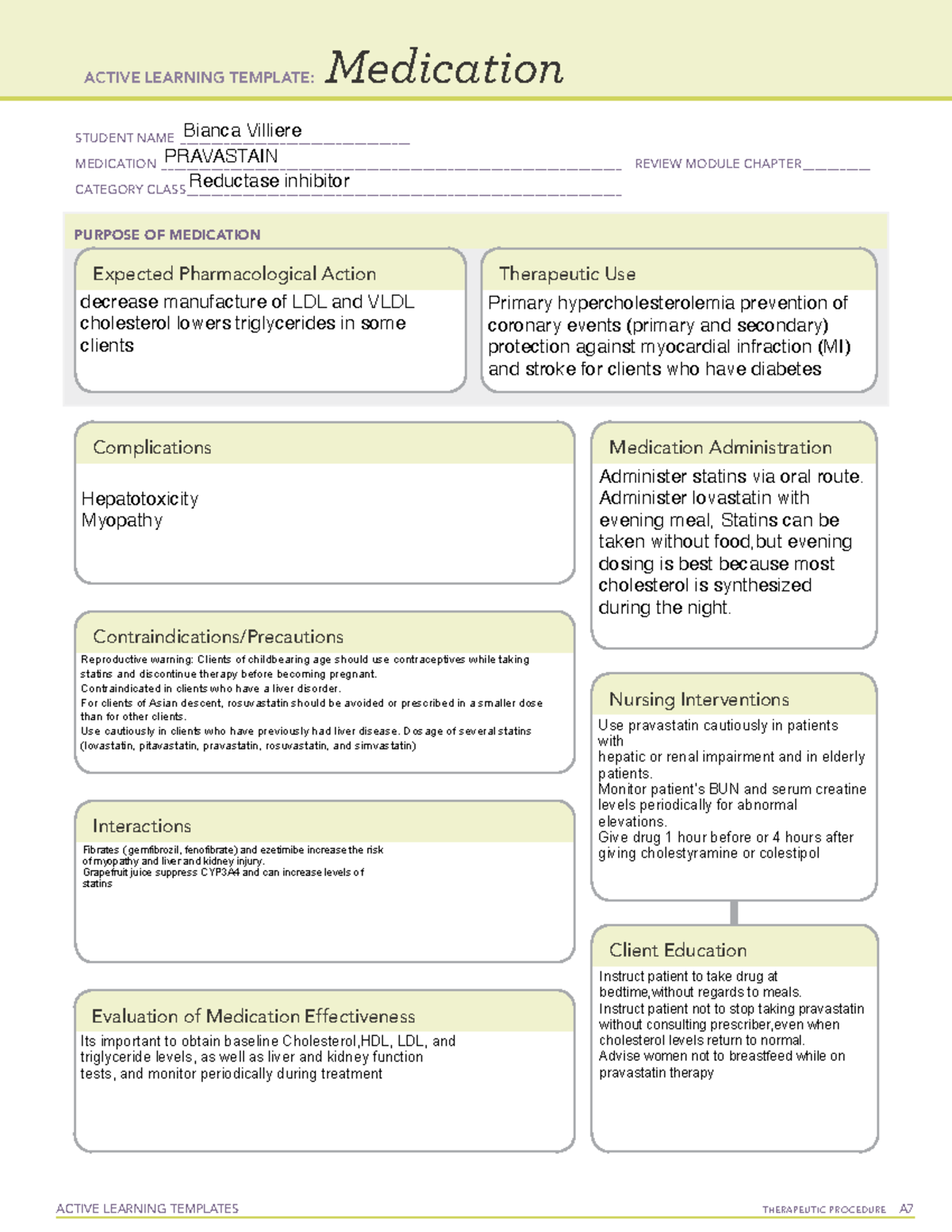Active Learning Template: Medication Review for PRAVASTATIN - Studocu