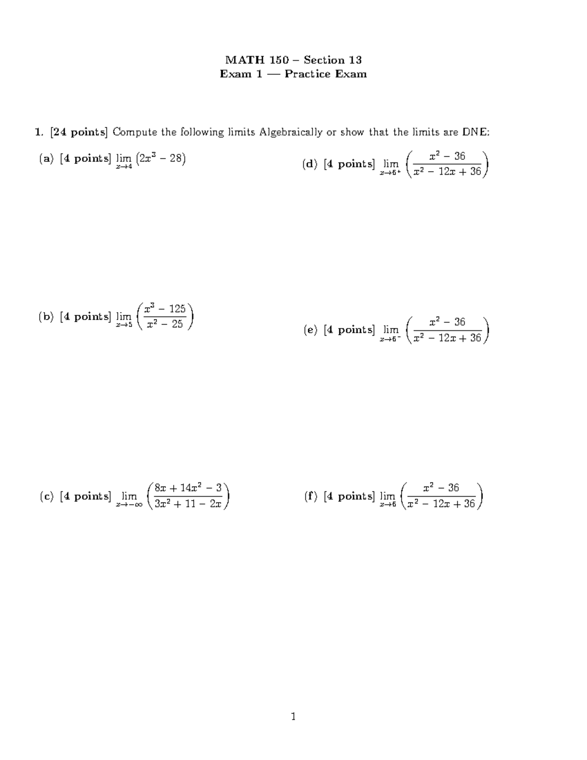 MATH 150 Exam 1 Practice Exam - MATH 150 – Section 13 Exam 1 — Practice ...