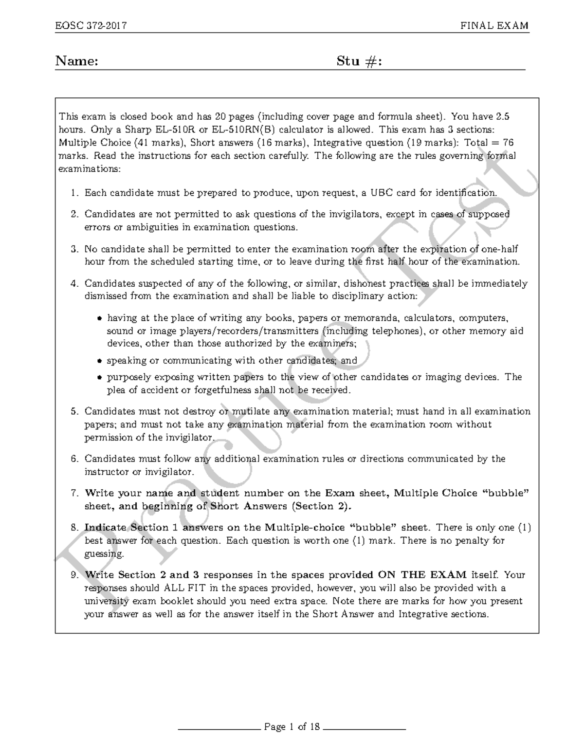 EOSC 372 2017 Final Exam Review Practice Test and Guidelines - Studocu