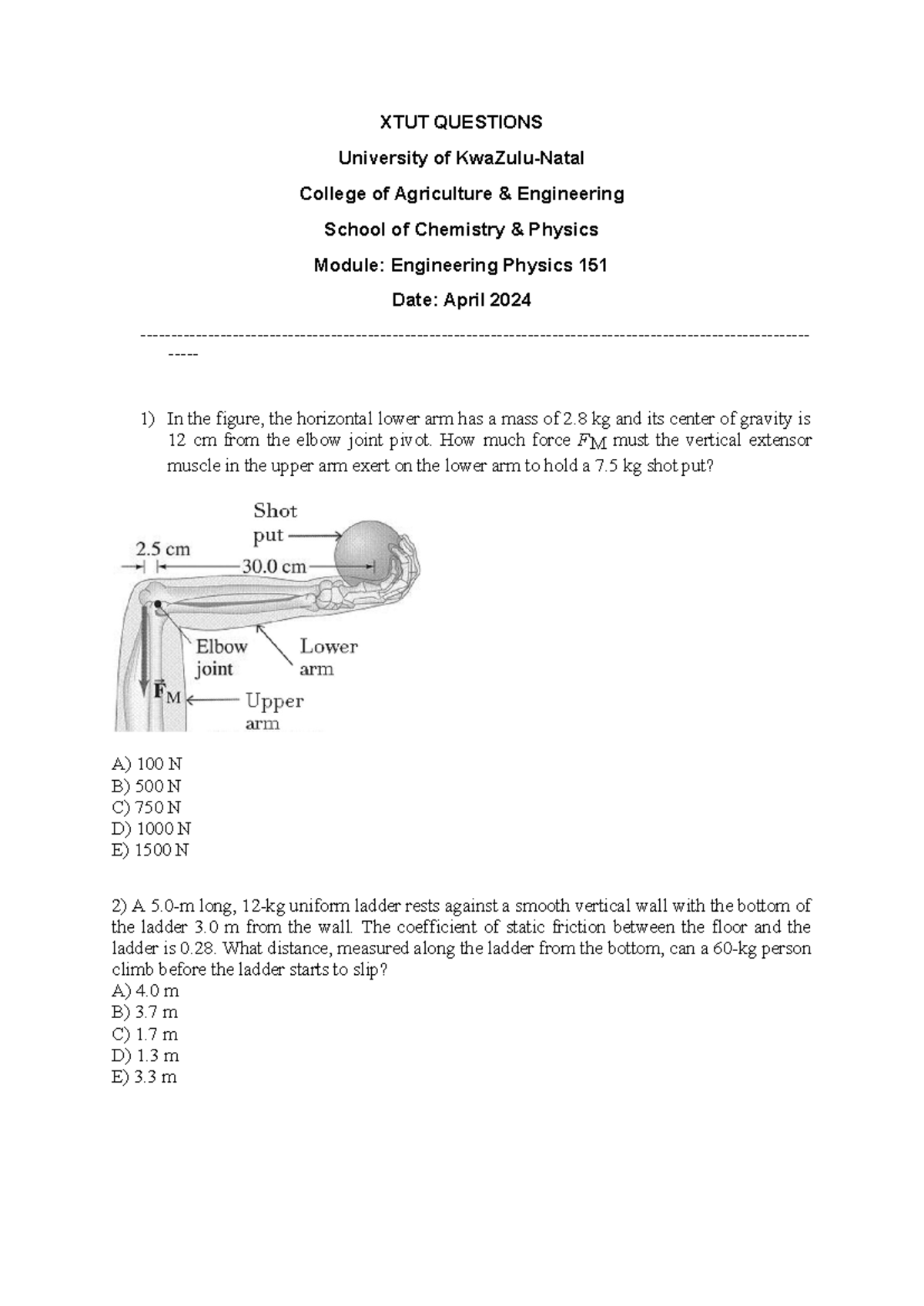 XTUT2 Engineering Physics 151 Questions - April 2024 Exam Prep - Studocu