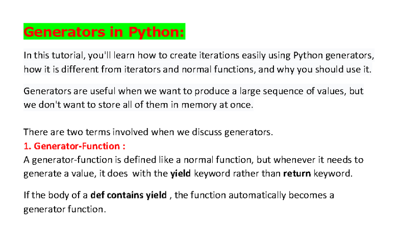40. Generators in Python: Efficient Iteration Techniques - Studocu