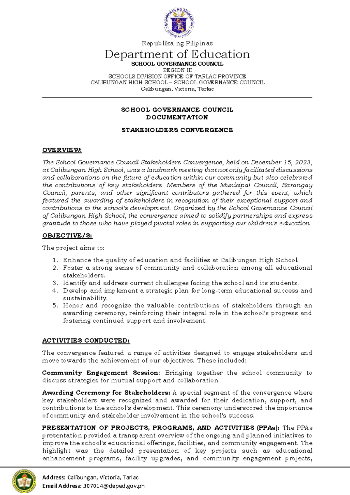 SGC Report: Stakeholders Convergence at Calibungan High School - Studocu