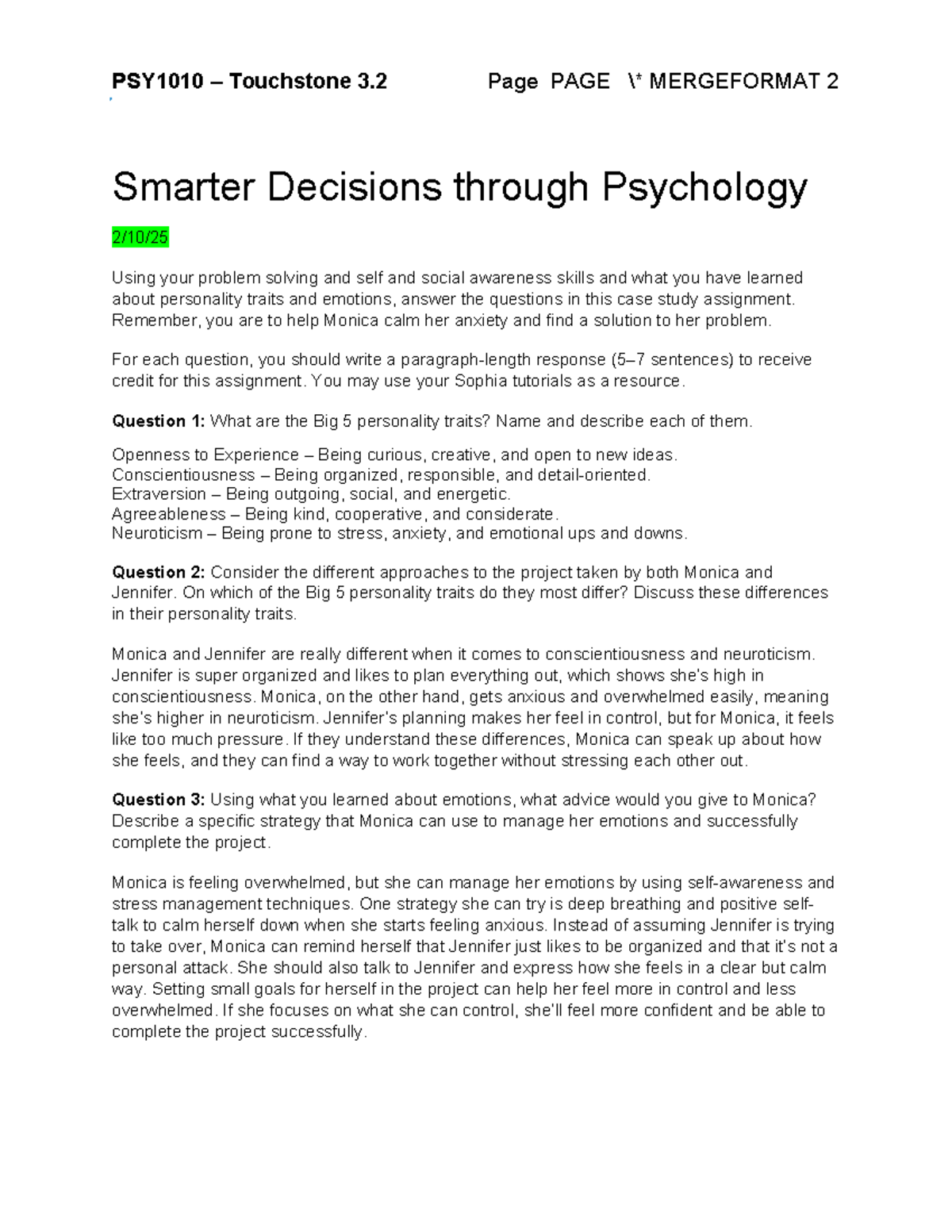 PSY1010 Case Study 2 - Sophia - PSY1010 – Touchstone 3 Page PAGE ...