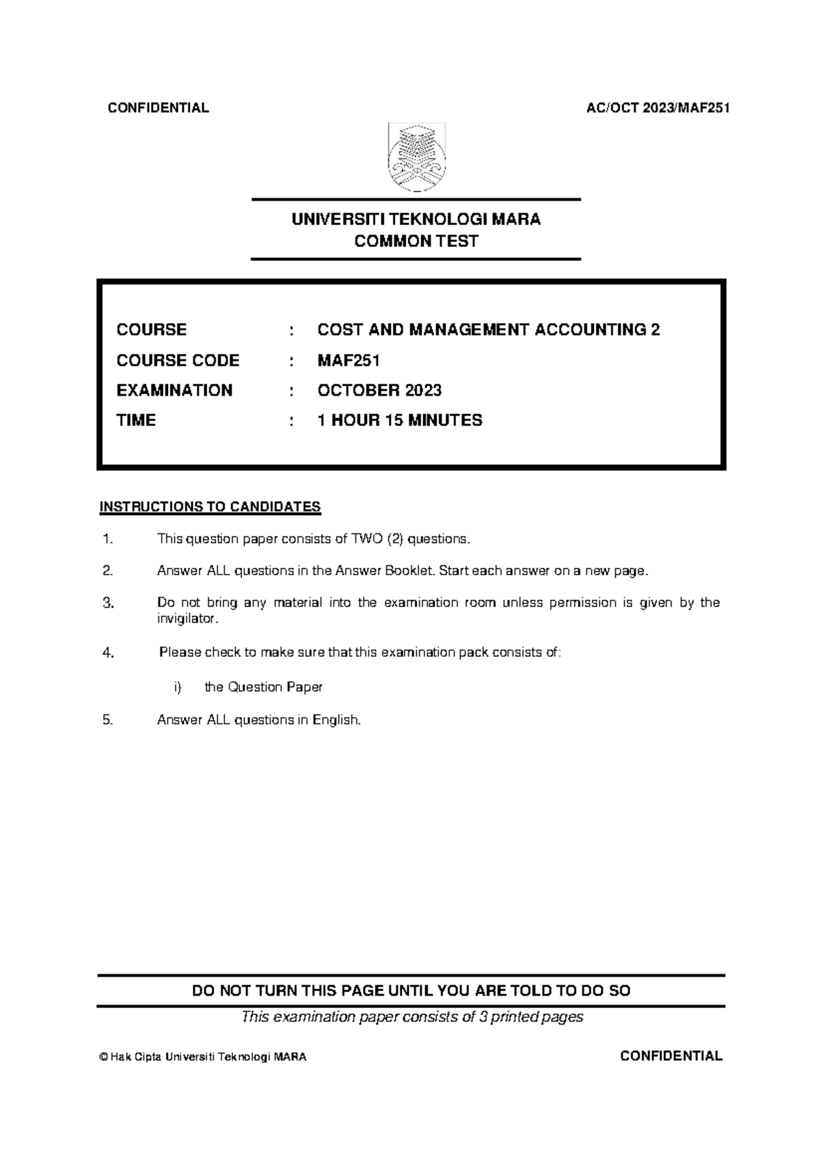 CT MAF251 OCT 2023 Common Test: Cost & Management Accounting Qs - Studocu