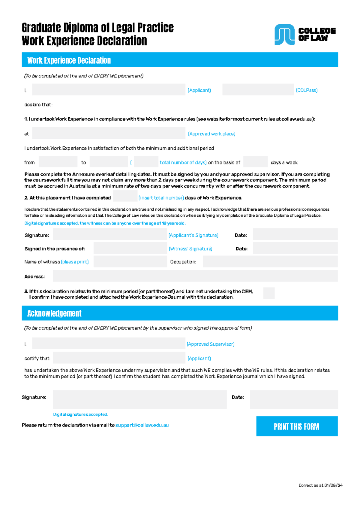 Work Experience Declaration for Graduate Diploma of Legal Practice ...