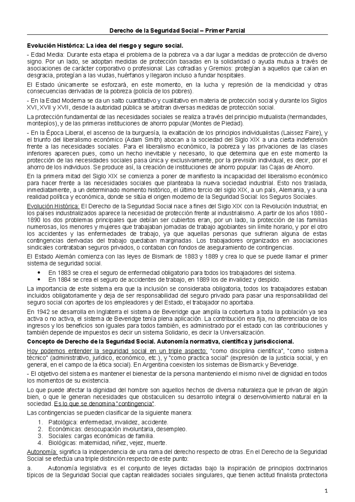 Resumen del Primer Parcial de Derecho de la Seguridad Social: Evolución ...