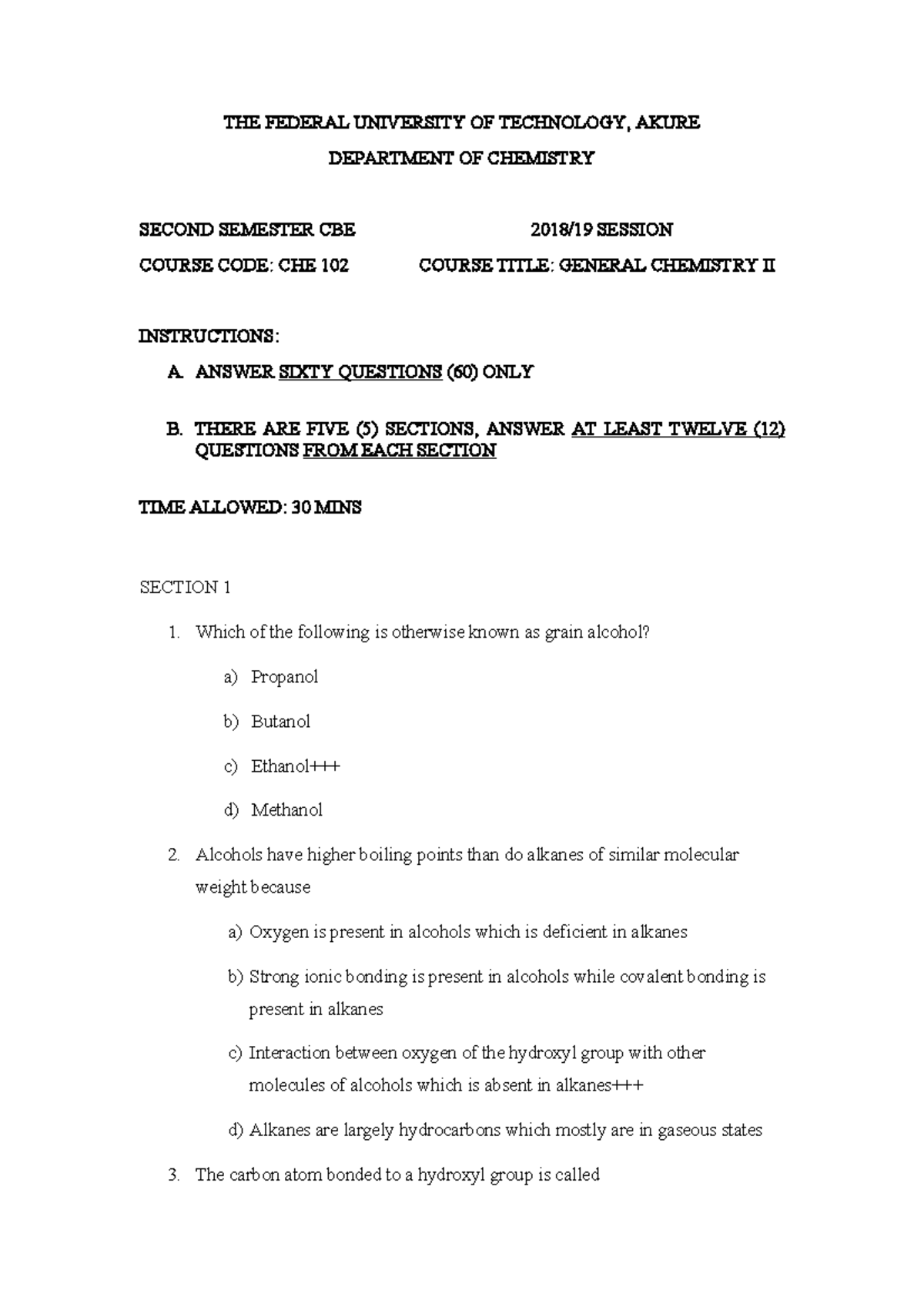 CHE 102 CBE 2018-2019 General Chemistry II Exam Questions - Studocu