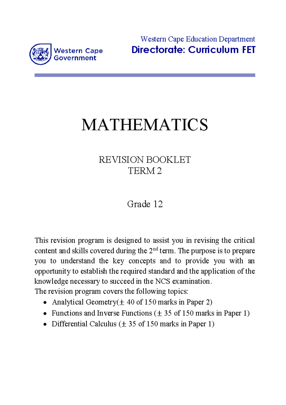 2026 MATHEMATICS GRADE 12 REVISION BOOKLET TERM 2 - Studocu