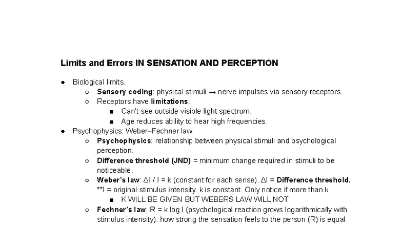 Unit 2 Part 2 - Limits and Errors in Sensation & Perception Notes - Studocu