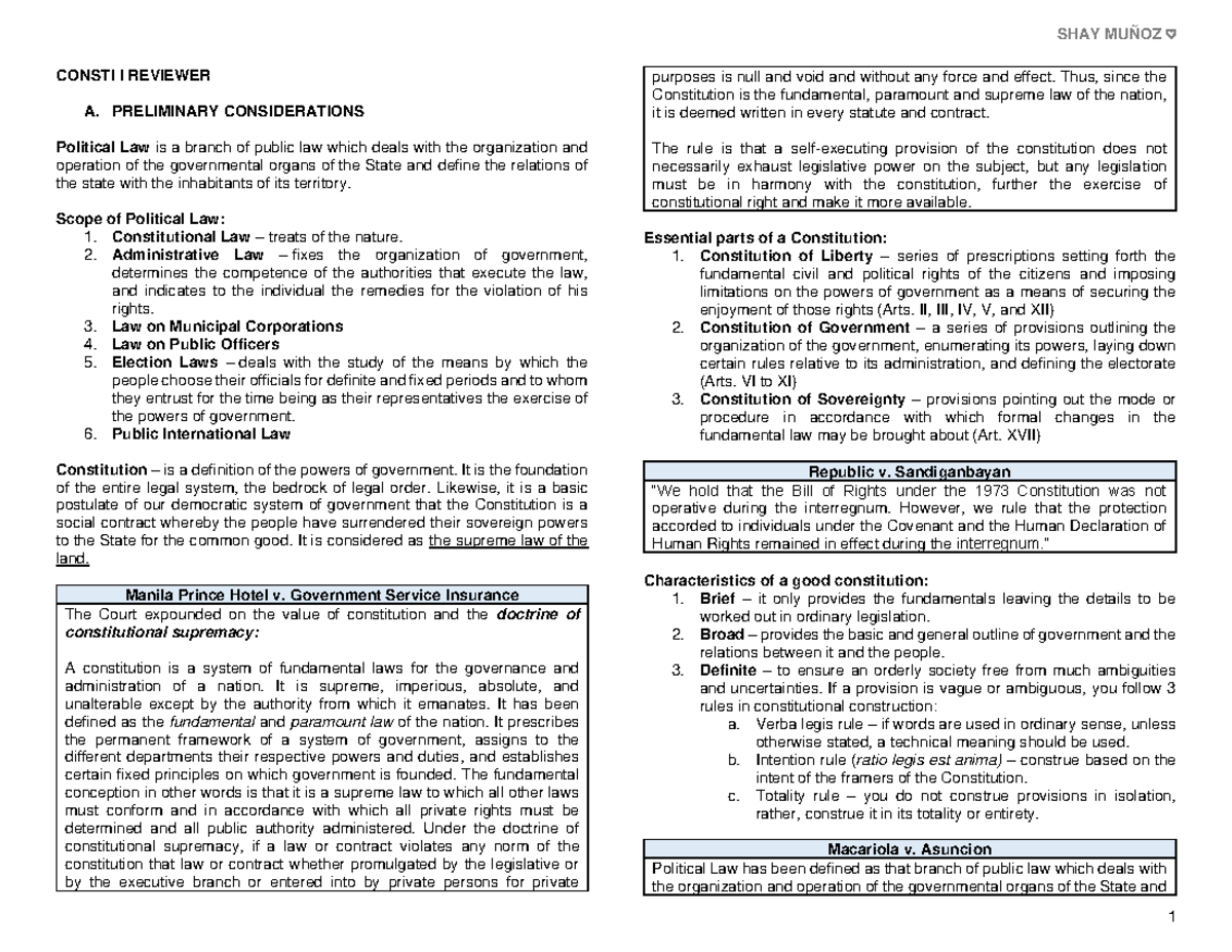Constitutional Law I: Comprehensive Review and Key Principles - Studocu