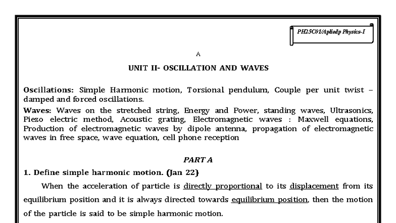 UNIT 2: Oscillation and Waves - Concepts and Applications - Studocu