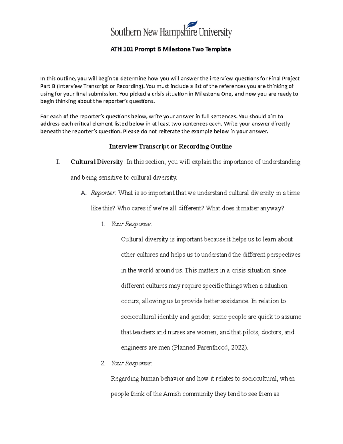 ATH 101 Final Project Part B Interview Transcript Outline Guide - Studocu