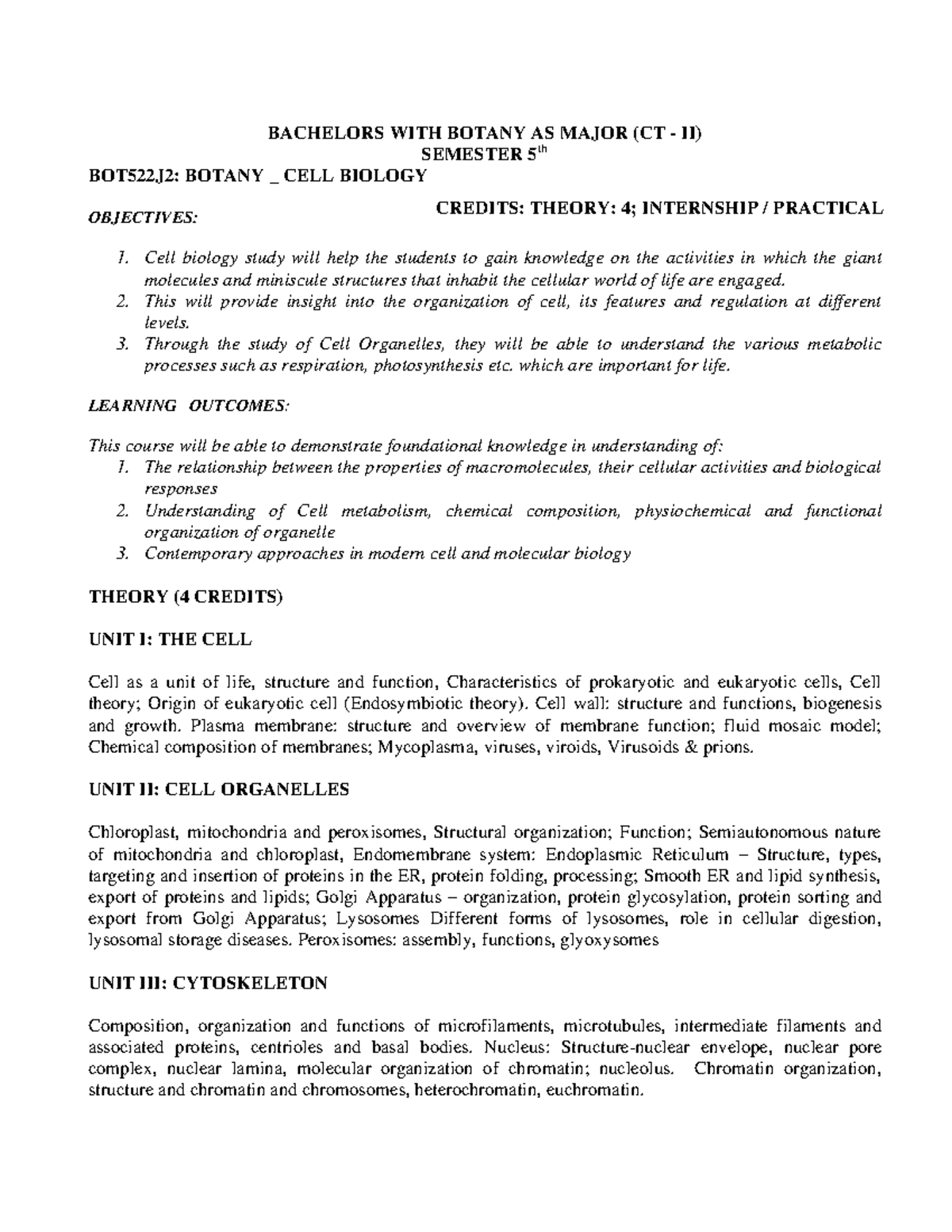 BOT522J2: Cell Biology Syllabus - Bachelors in Botany (Sem 5) - Studocu