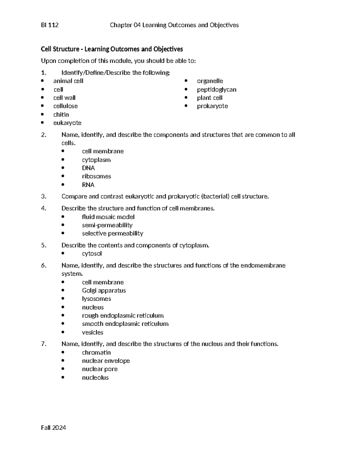 BI 112 Chapter 04 Cell Structure: Learning Outcomes & Objectives - BI ...