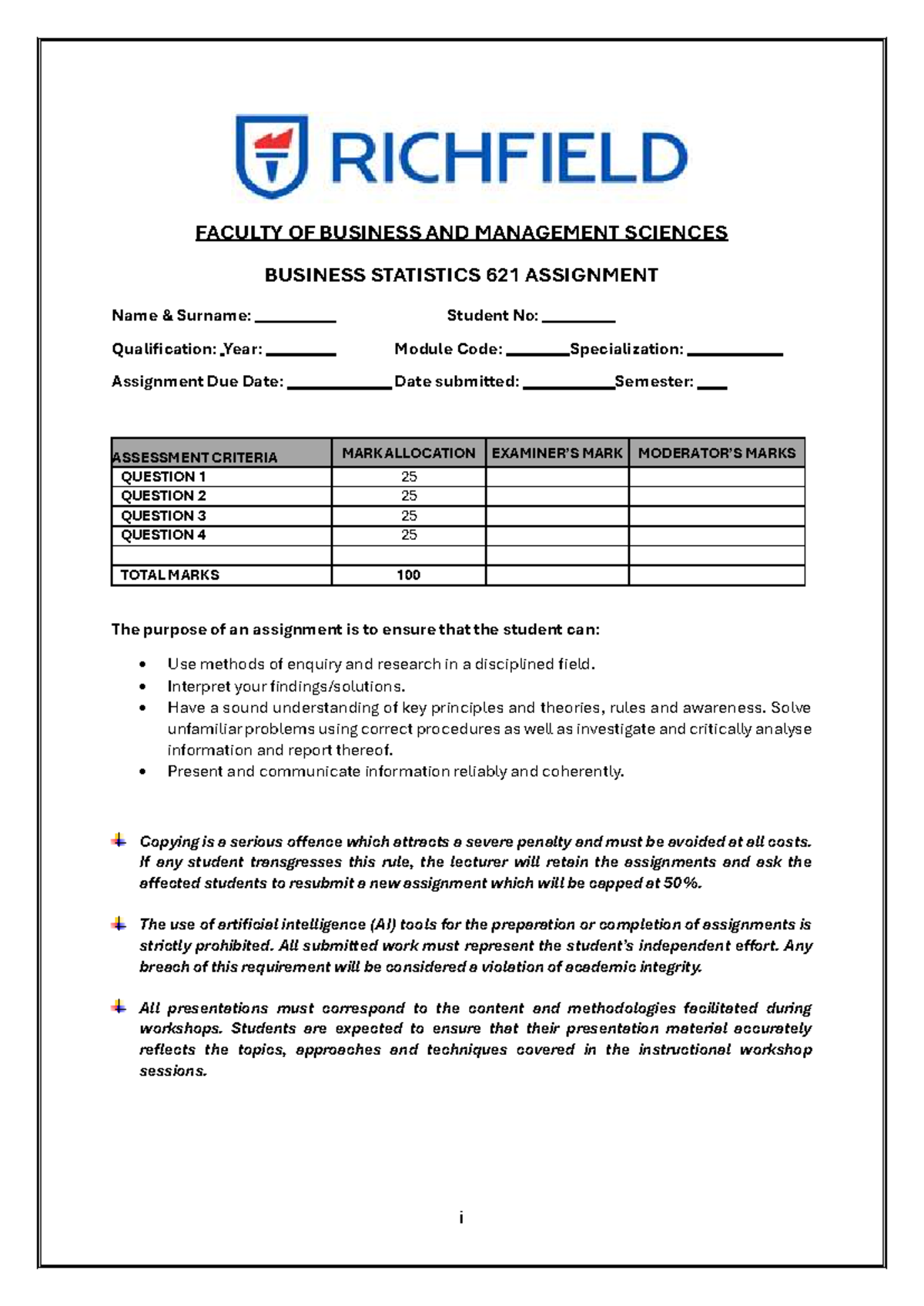 Business Statistics 621 Assignment - Analysis and Solutions - Studocu