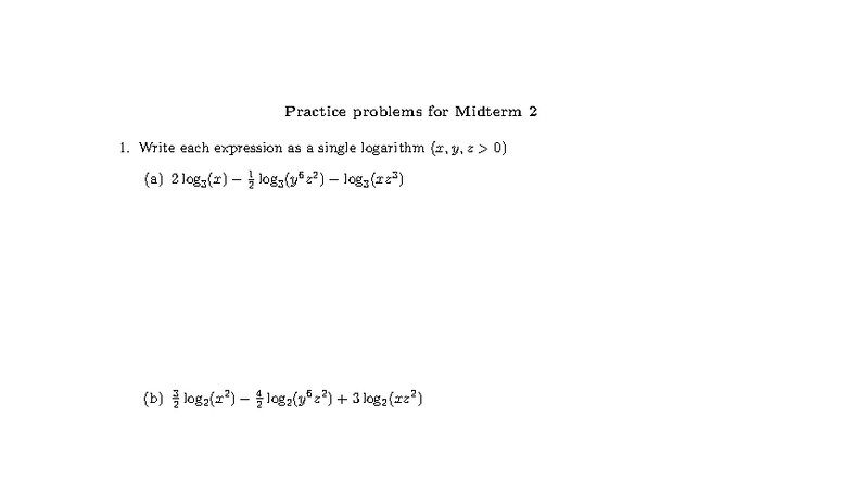 Practice Problems for Midterm 2: Logarithms and Polynomials - Studocu