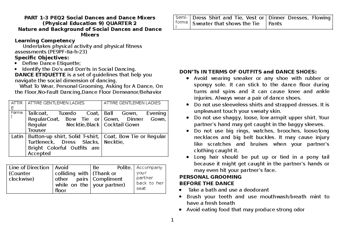 PEQ2 Physical Education 9: Social Dances & Dance Etiquette Guide - Studocu