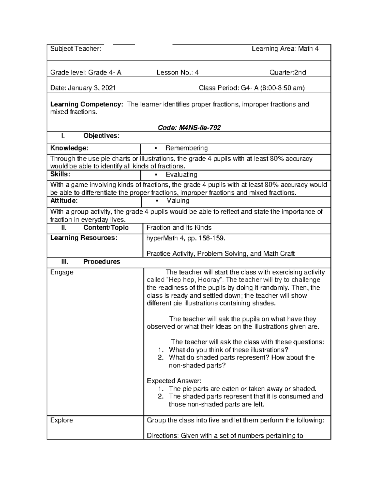 MATH 4 - Lesson Plan on Identifying Fractions for Grade 4 - Studocu