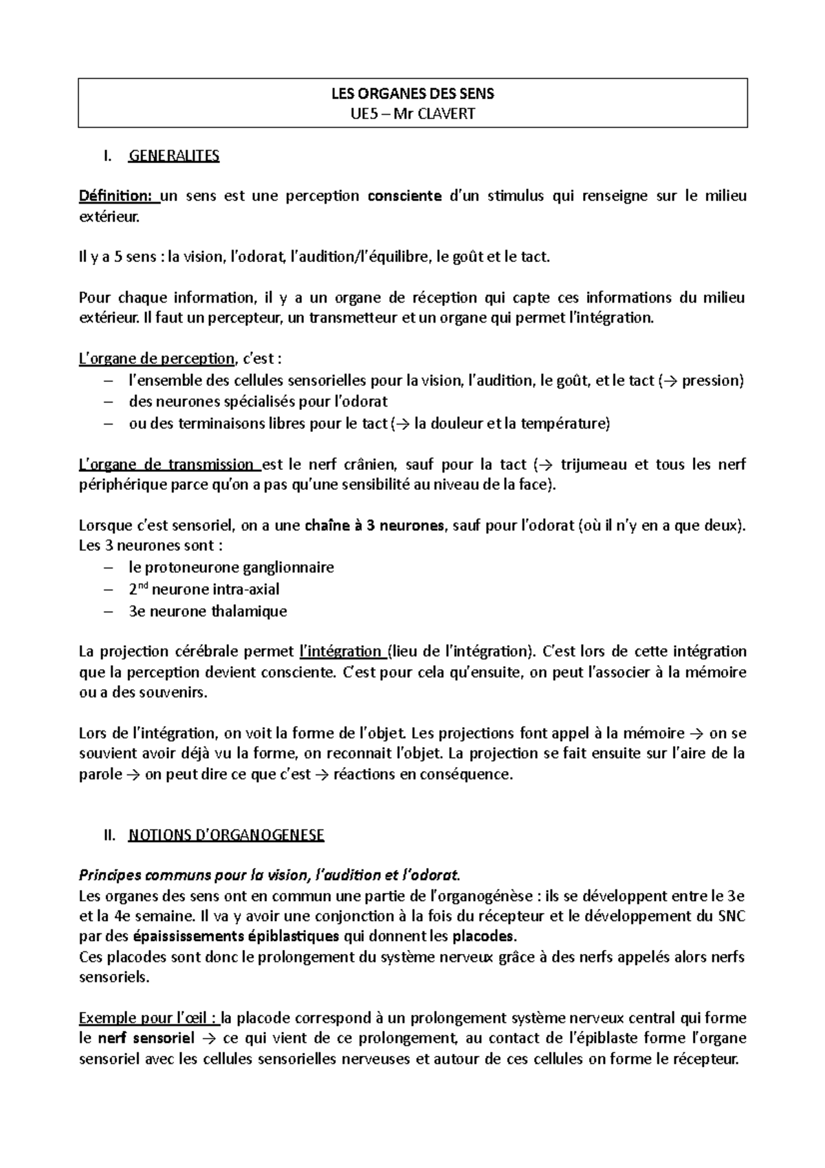 UE5 - Cours d'Anatomie sur les Organes des Sens et leur Fonction - Studocu