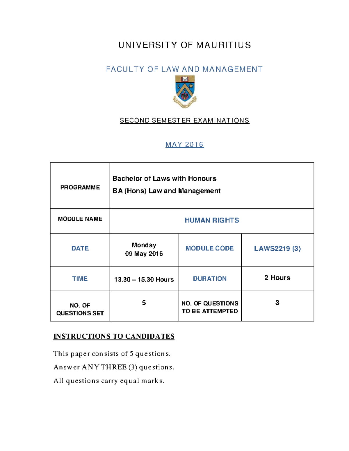 LAWS2219 Human Rights Final Exam Questions - May 2016 - Studocu