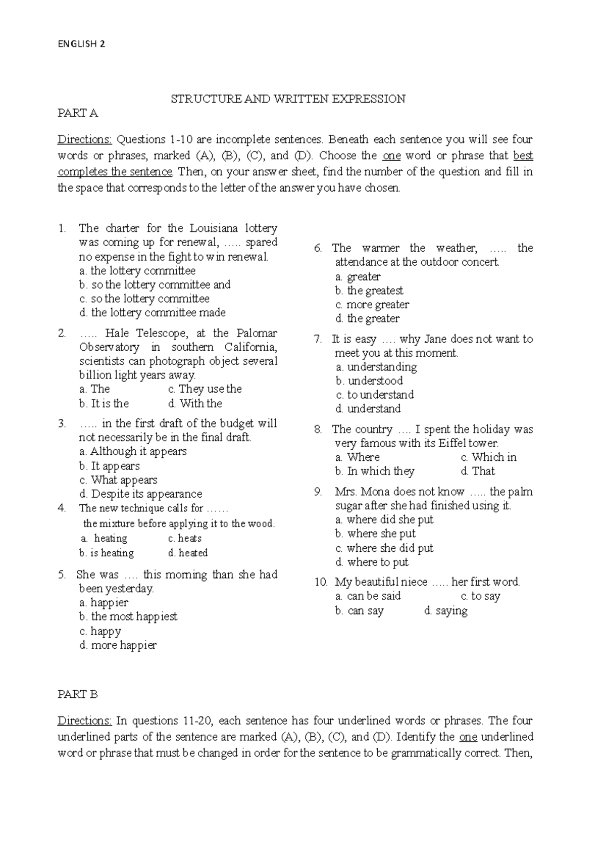 English 2 - Structure and Written Expression Practice Exam - Studocu