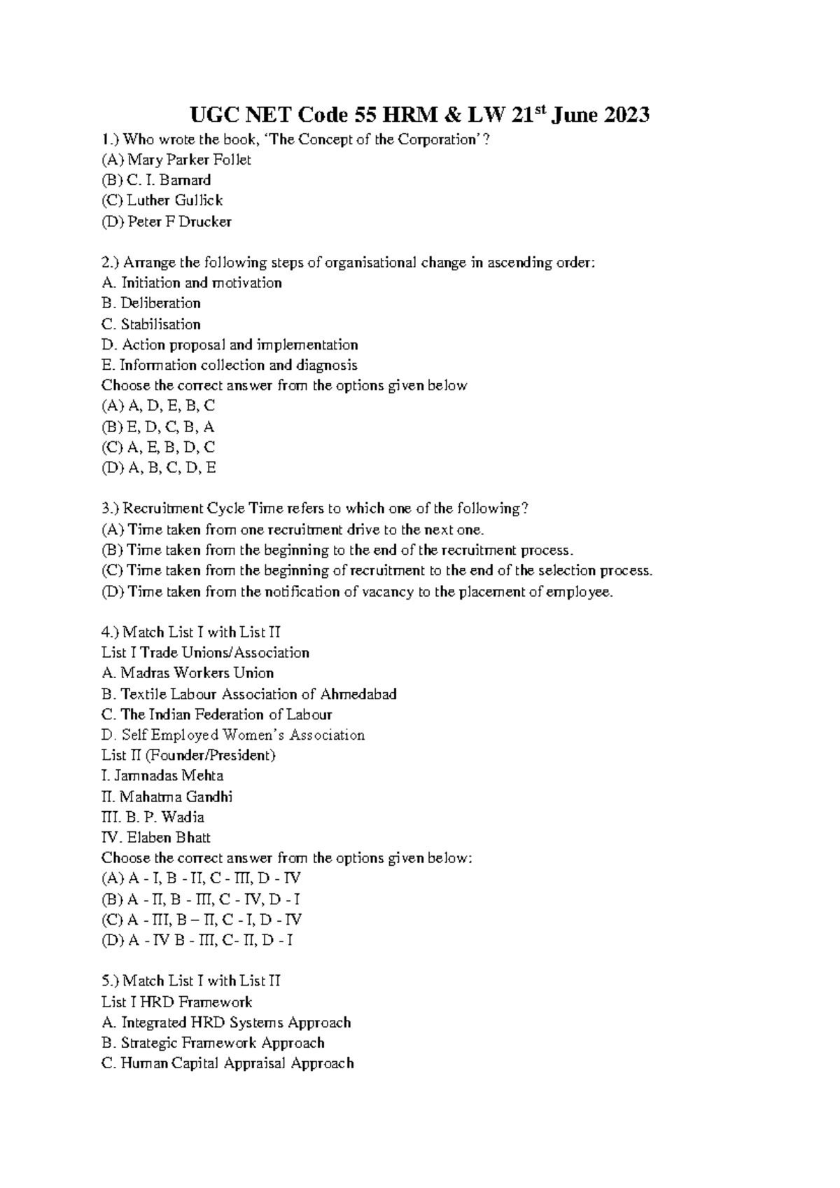 UGC NET Code 55 HRM LW June 2023 Exam Questions and Answers - Studocu