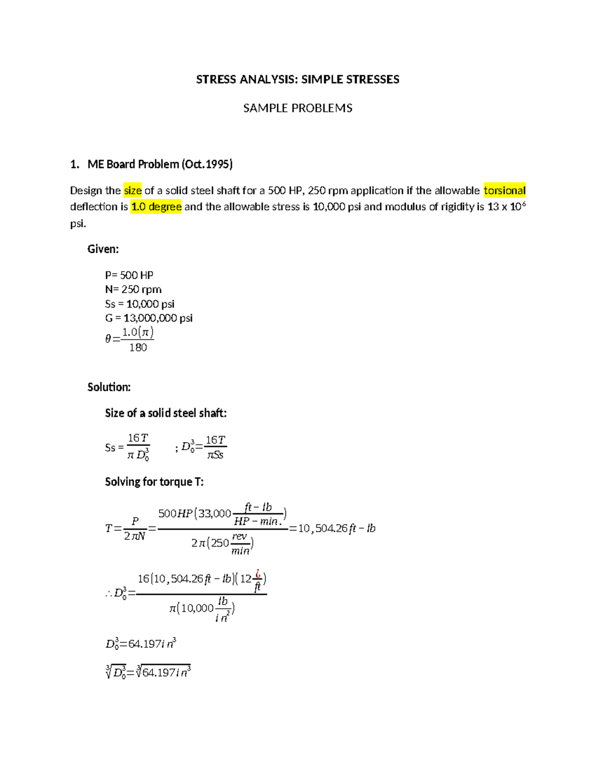 ME 101: Sample Problems on Stress Analysis and Design - Studocu