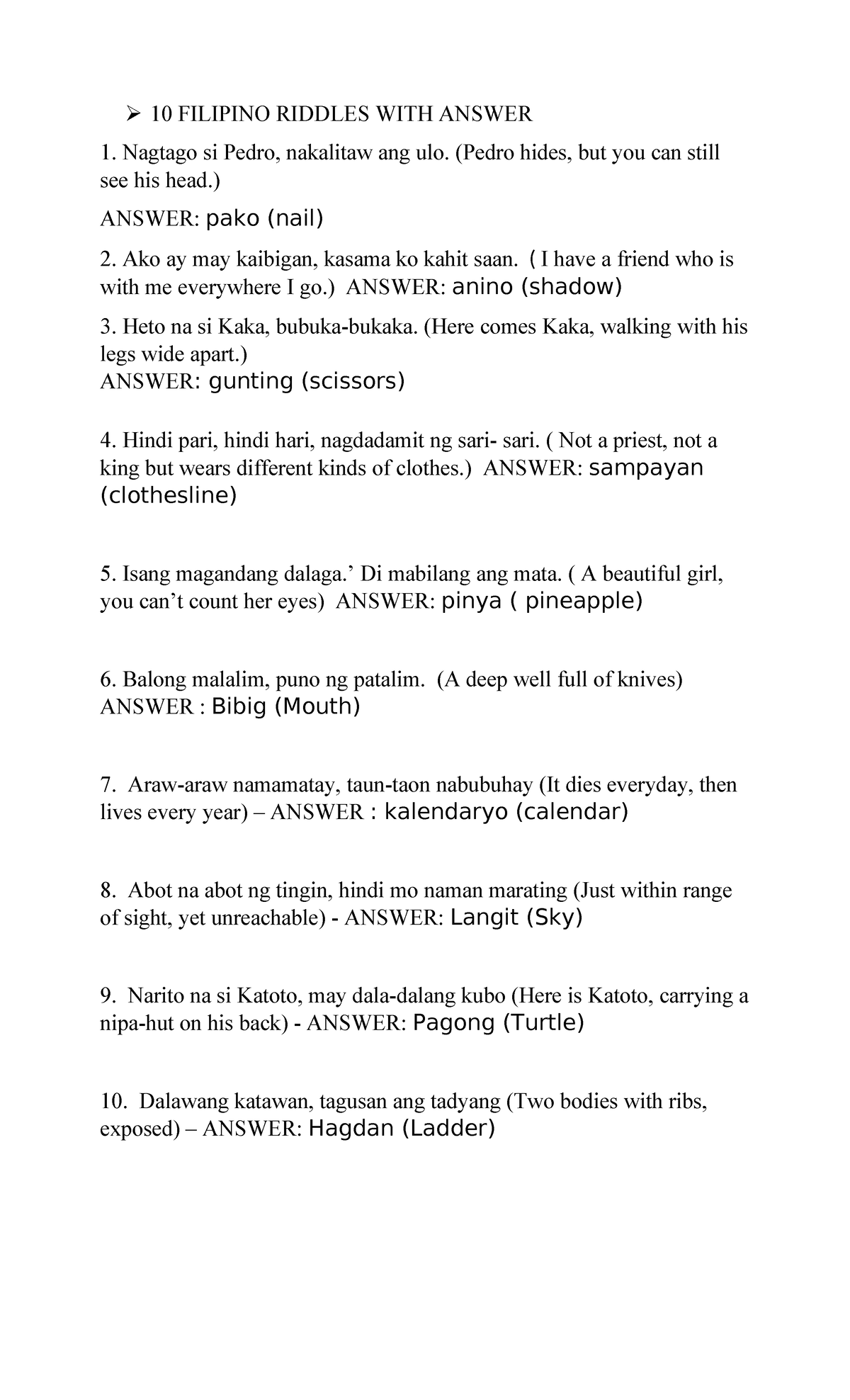 10 Filipino Riddles with Answers: Fun and Challenge - Studocu
