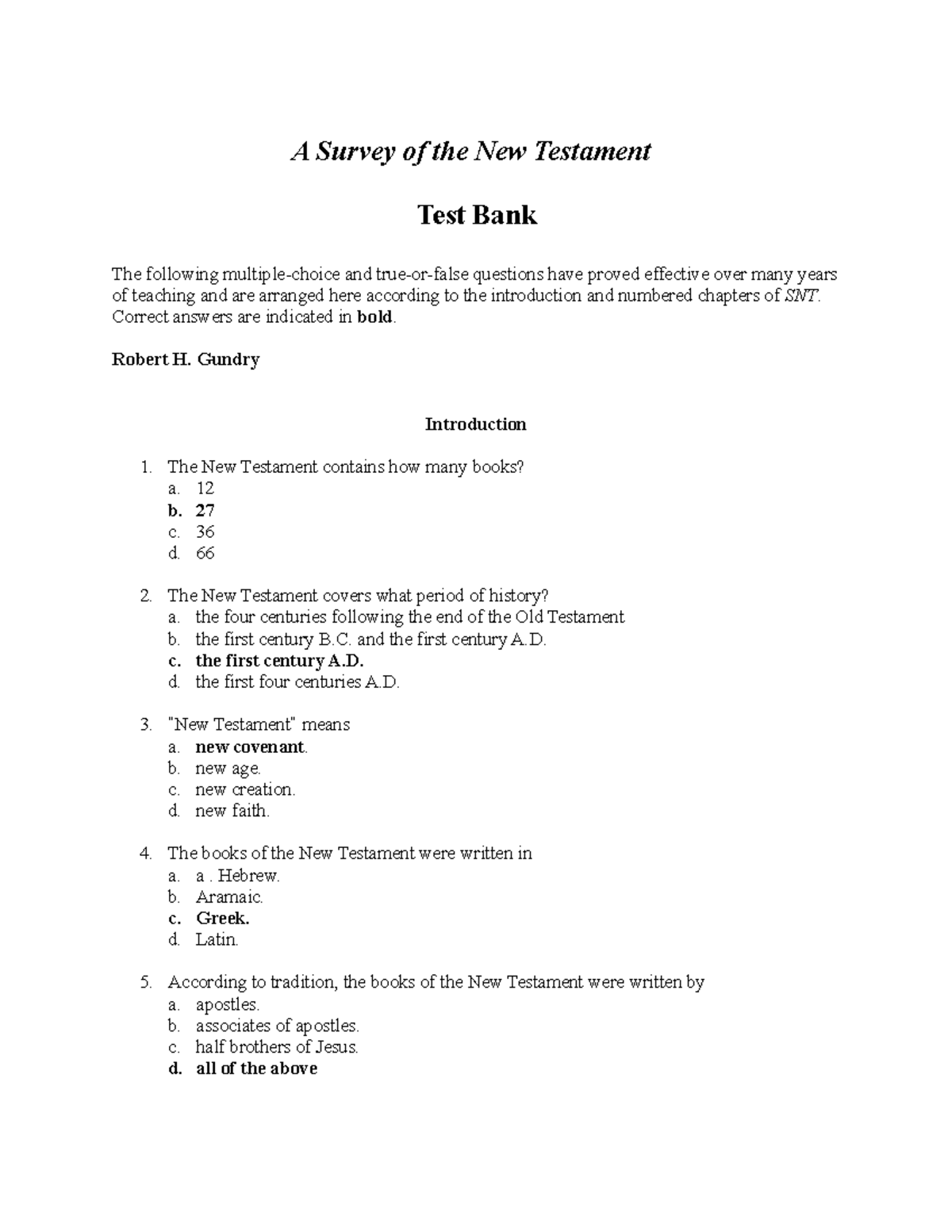 Test Bank: A Survey of the New Testament (SNT) Guidance and Study ...